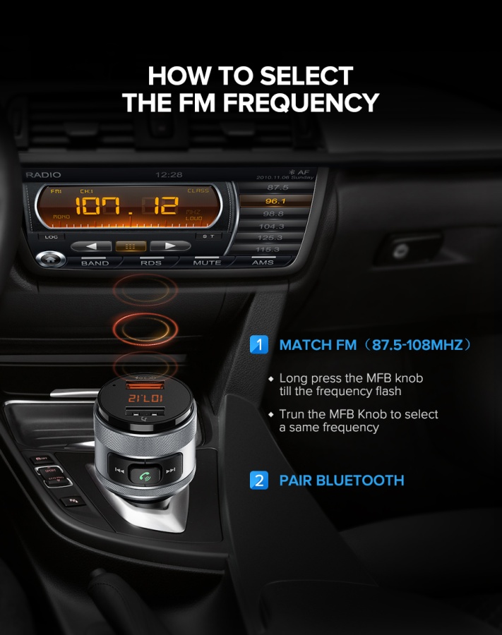 FM-трансмиттер для автомобиля с быстрой зарядкой Bluetooth 4.2 черный Ugreen. Фото �7
