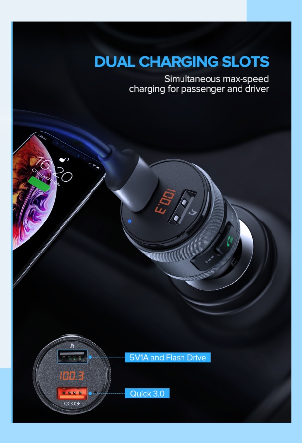 FM-трансмиттер для автомобиля с быстрой зарядкой Bluetooth 4.2 черный Ugreen. Фото �3