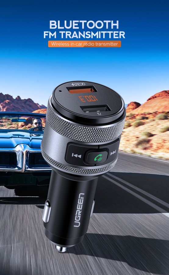 FM-трансмиттер для автомобиля с быстрой зарядкой Bluetooth 4.2 черный Ugreen. Фото �2